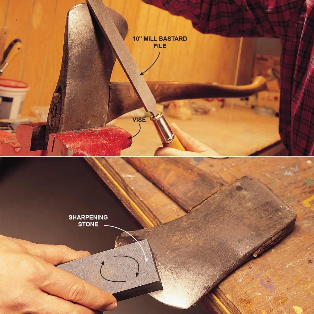 Sharpen an axe with a sharpening stone