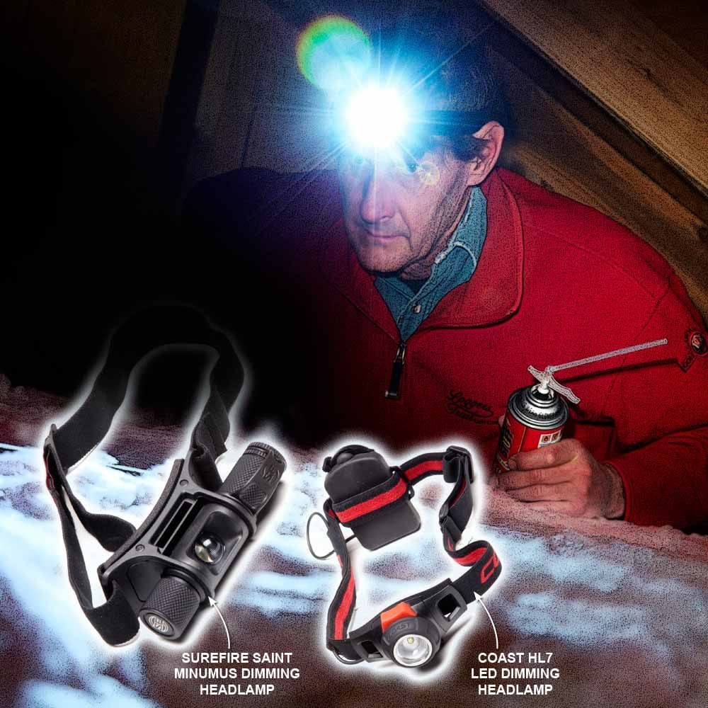 Man wearing a headlamp to investigate an attic | Construction Pro Tips