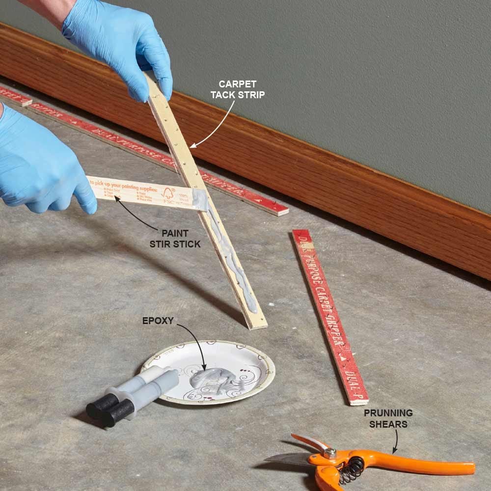 Applying glue to segments of tack strip | Construction Pro Tips