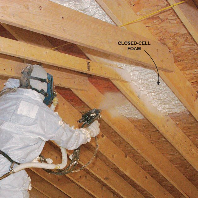Closed-cell foam being sprayed onto ceiling | Construction Pro Tips