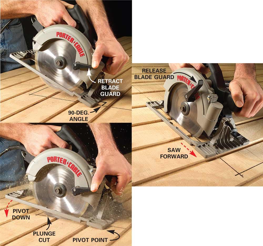 A diagram showing the safe way to make plunge cuts | Construction Pro Tips