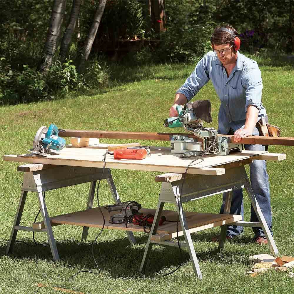 A work-bench made from two saw-horses | Construction Pro Tips