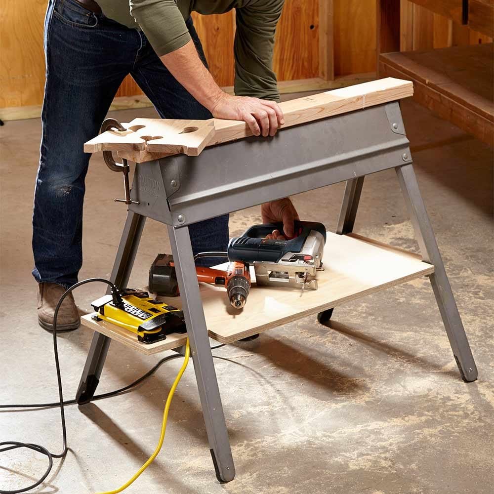 A storage shelf built under a saw horse | Construction Pro Tips