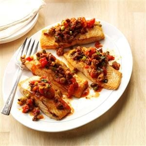Grilled Salmon with Chorizo-Olive Sauce Recipe