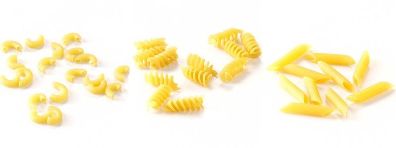 Photos of elbow macaroni, rotini and penne pasta